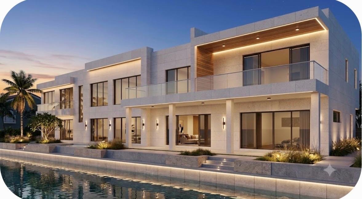 Architect's visual of the finished Eastern Road villa in limestone and timber, lit at dusk beside the pool.